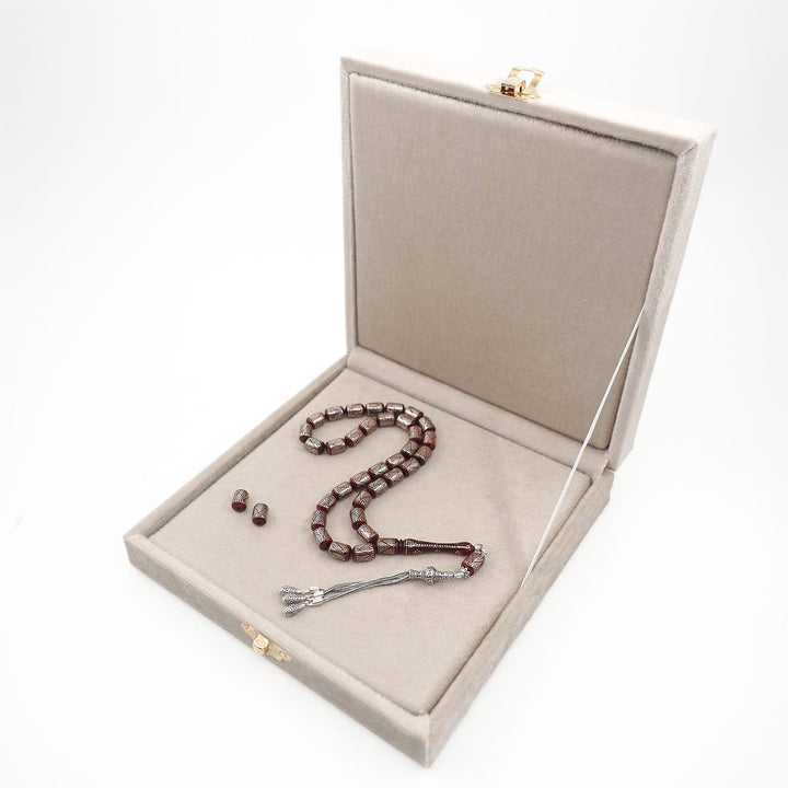 Silver Inlaid Capsule Cut Kuka Wood Tasbeeh (with Silver Tassel &amp; Special Box) - WATD503