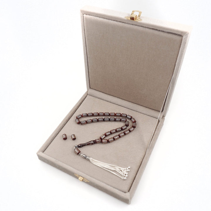 Silver Inlaid Capsule Cut Kuka Wood Tasbeeh (with Silver Tassel &amp; Special Box) - WATD504