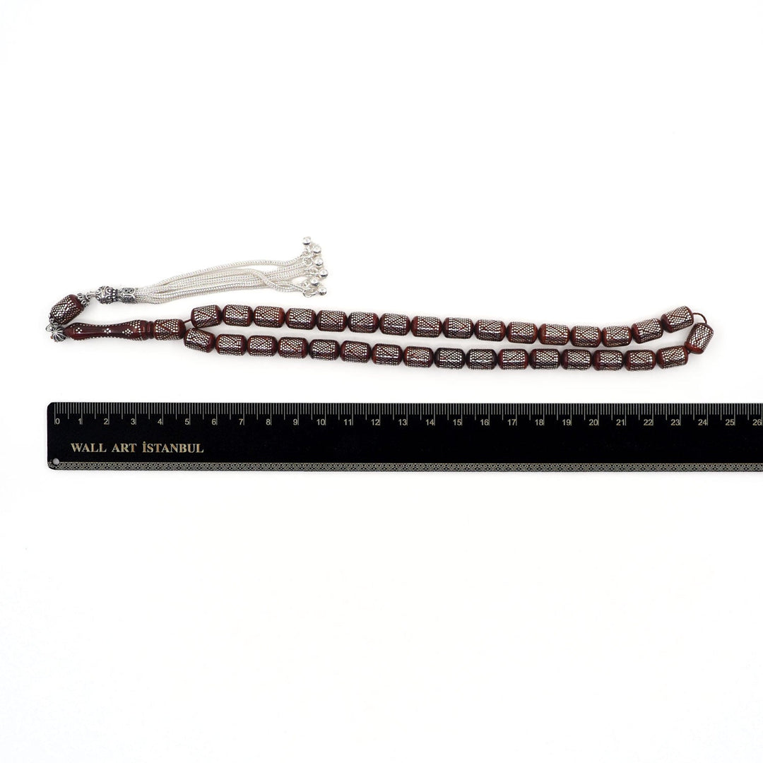 Silver Inlaid Capsule Cut Kuka Wood Tasbeeh (with Silver Tassel &amp; Special Box) - WATD504
