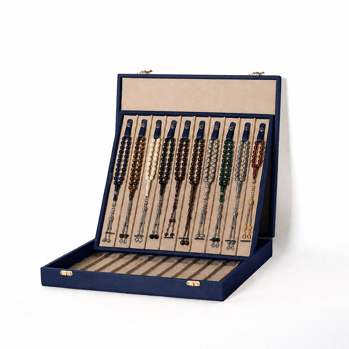 Exclusive Navy Blue Leather-Covered Wooden Tasbeeh Case (For up to 21 Tasbeehs) - WATD505