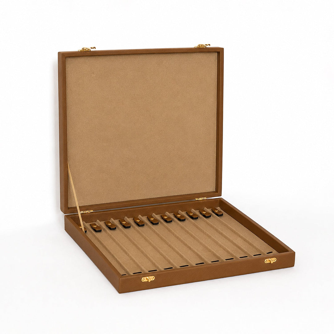 Exclusive Tan Brown Leather-Covered Wooden Tasbeeh Case (For up to 11 Tasbeehs) - WATD507