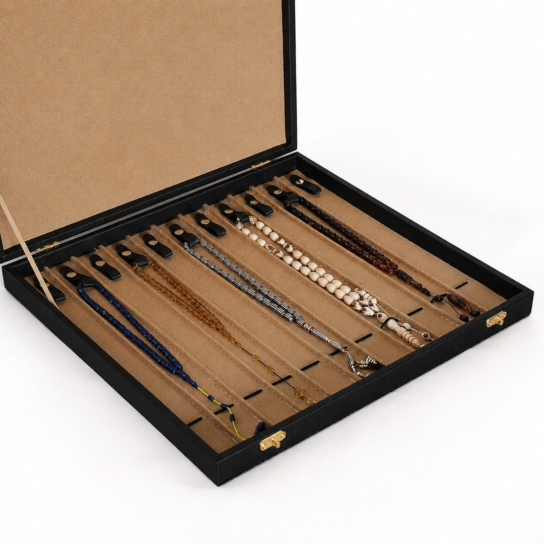 Exclusive Black Leather-Covered Wooden Tasbeeh Case (For up to 11 Tasbeehs) - WATD507