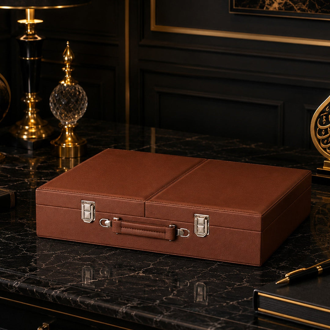 Exclusive Tan Brown Leather-Covered Wooden Tasbeeh Case (For up to 67 Tasbeehs) - WATD511