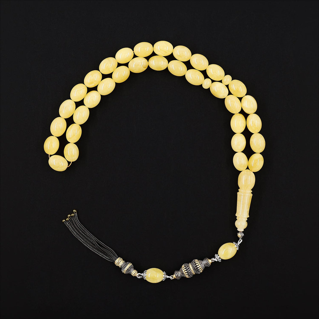 Premium Natural Baltic Amber Capsule Cut Silver Tassel Tasbeeh - WATD681