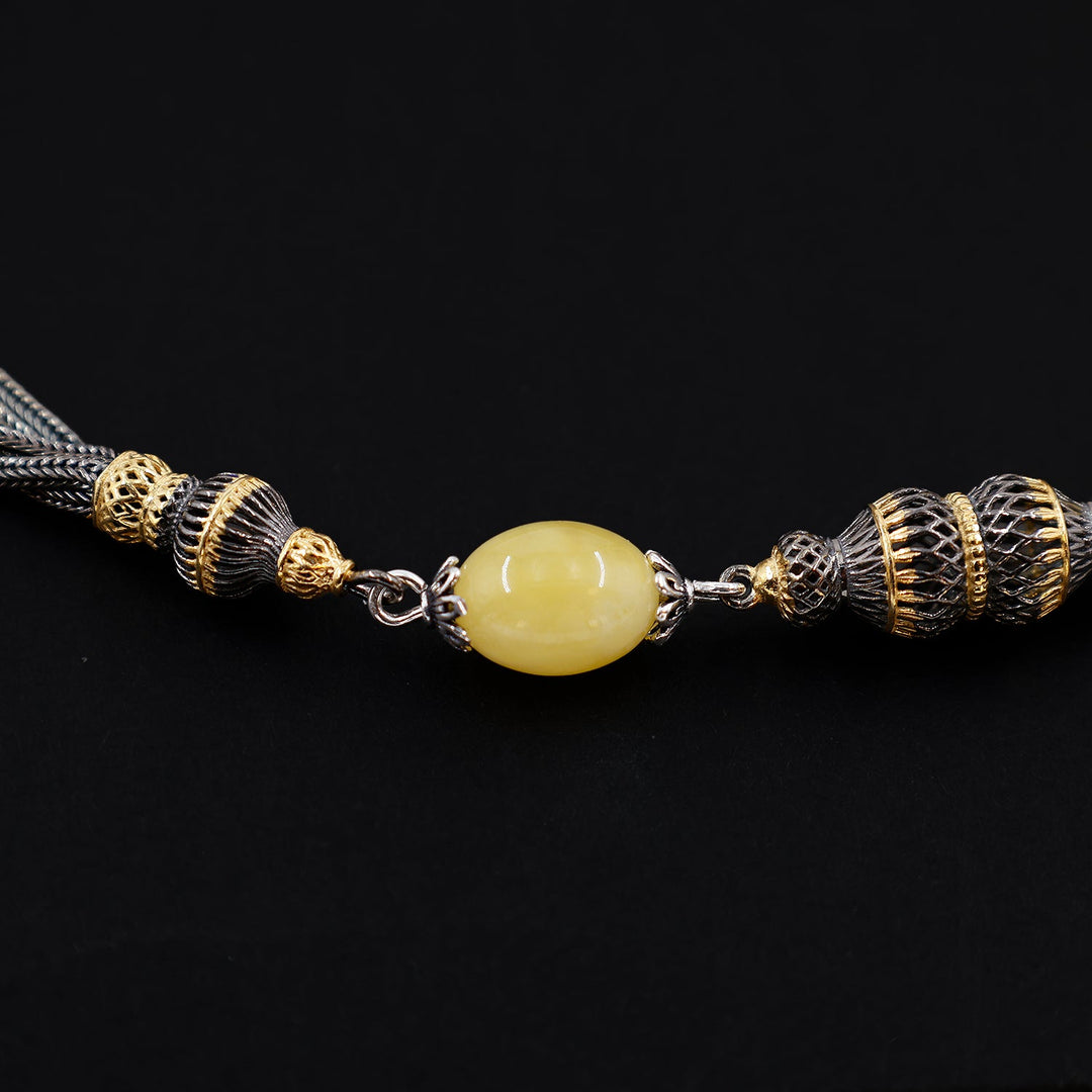 Premium Natural Baltic Amber Capsule Cut Silver Tassel Tasbeeh - WATD681