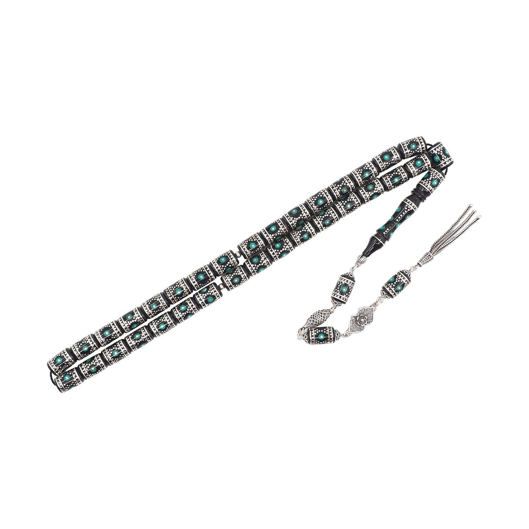 Mastercrafted Original Oltu Stone Tasbeeh with Turquoise Inlay, Silver Detailing &amp; Silver Tassel – WATD835