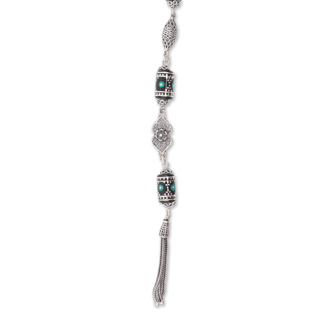 Mastercrafted Original Oltu Stone Tasbeeh with Turquoise Inlay, Silver Detailing &amp; Silver Tassel – WATD835