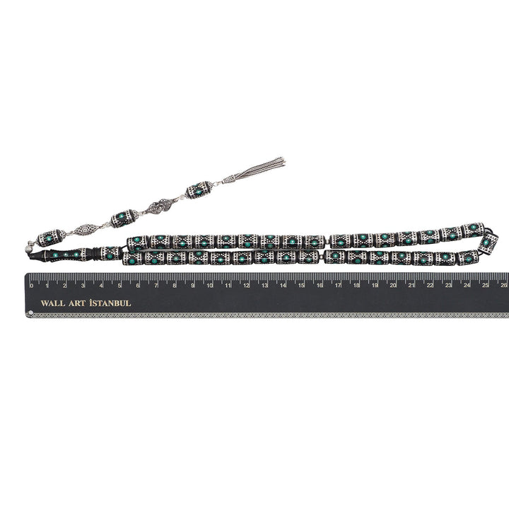 Mastercrafted Original Oltu Stone Tasbeeh with Turquoise Inlay, Silver Detailing &amp; Silver Tassel – WATD835
