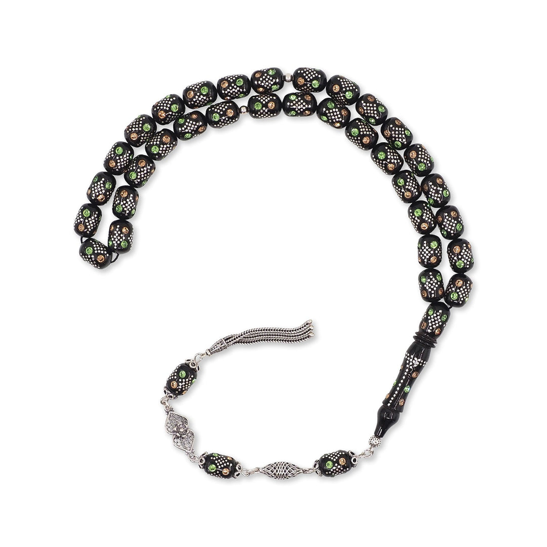 Mastercrafted Original Oltu Stone Tasbeeh with Turquoise &amp; Silver Inlay and Silver Tassel – WATD836