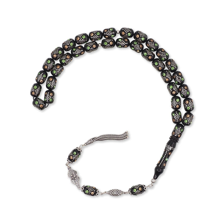 Mastercrafted Original Oltu Stone Tasbeeh with Turquoise &amp; Silver Inlay and Silver Tassel – WATD836