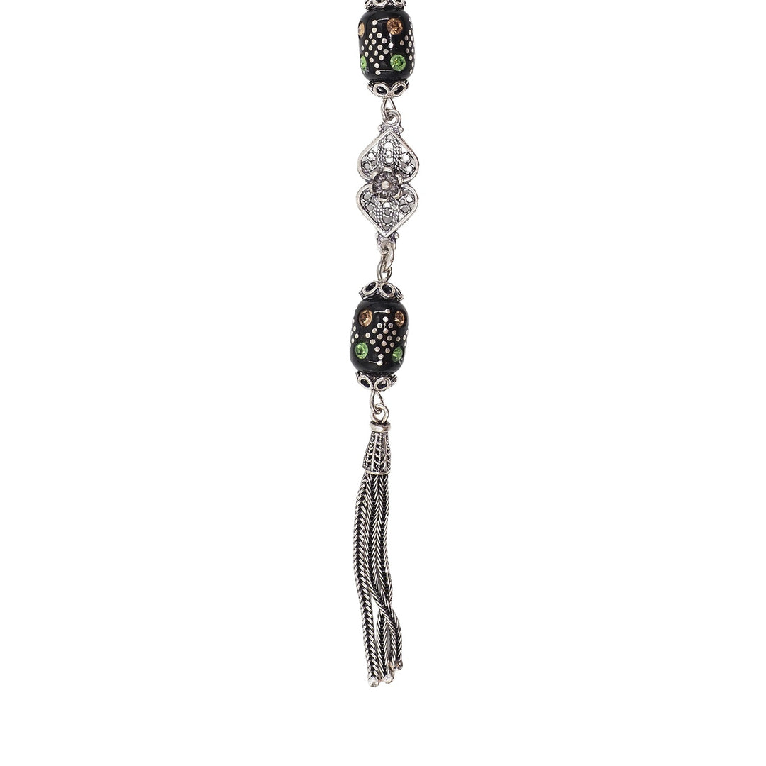 Mastercrafted Original Oltu Stone Tasbeeh with Turquoise &amp; Silver Inlay and Silver Tassel – WATD836