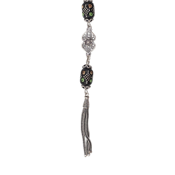 Mastercrafted Original Oltu Stone Tasbeeh with Turquoise &amp; Silver Inlay and Silver Tassel – WATD836