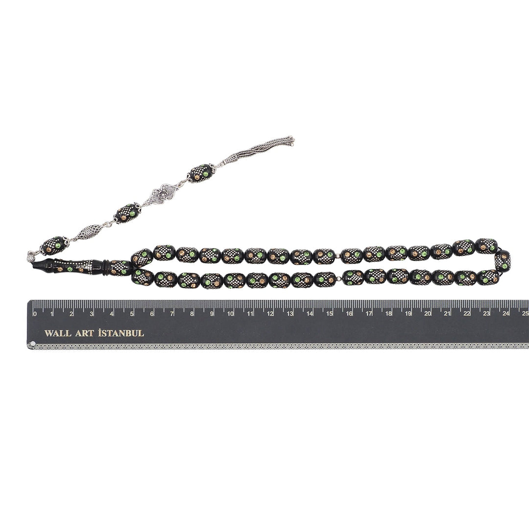 Mastercrafted Original Oltu Stone Tasbeeh with Turquoise &amp; Silver Inlay and Silver Tassel – WATD836