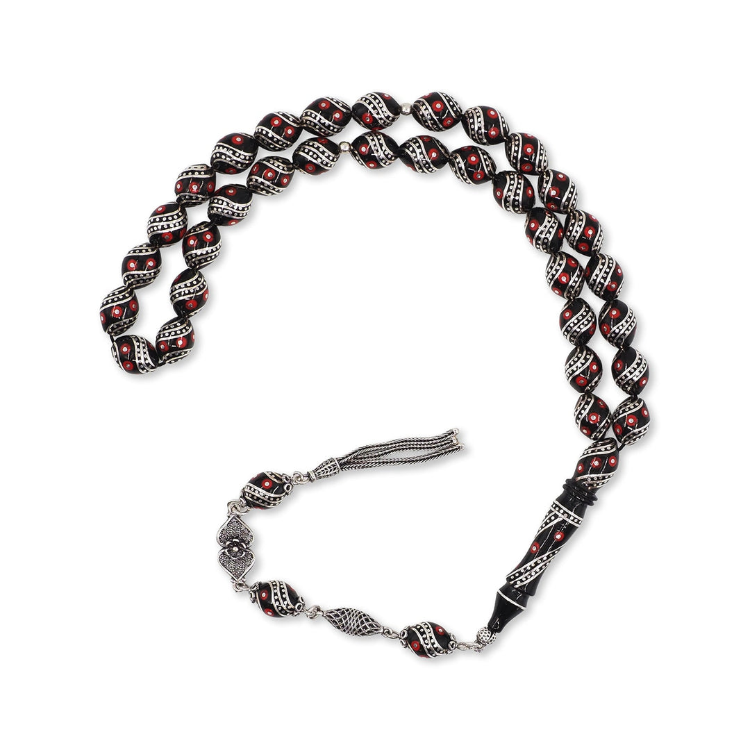Mastercrafted Original Oltu Stone Tasbeeh with Coral &amp; Silver Inlay and Silver Tassel – WATD837