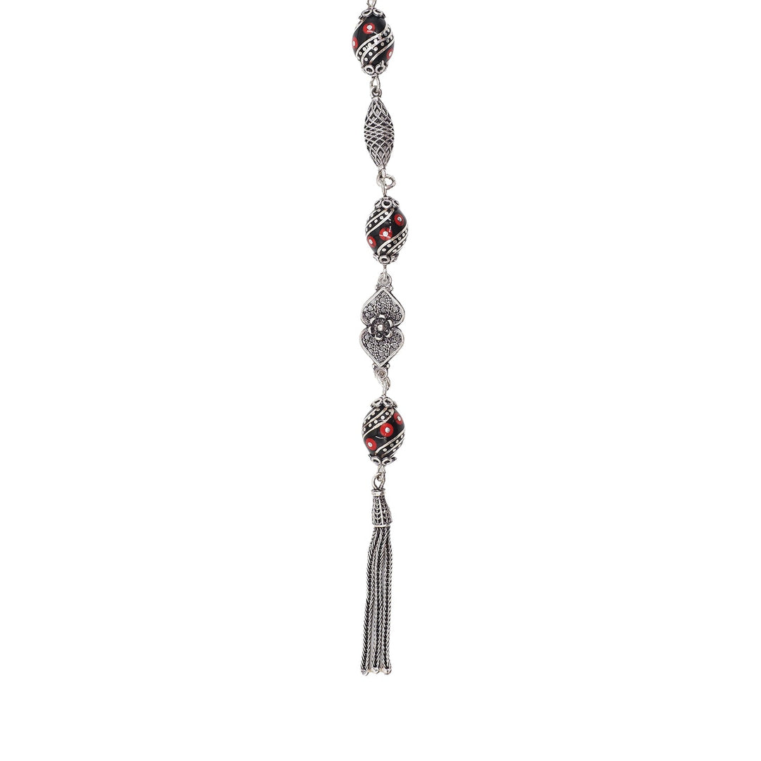 Mastercrafted Original Oltu Stone Tasbeeh with Coral &amp; Silver Inlay and Silver Tassel – WATD837
