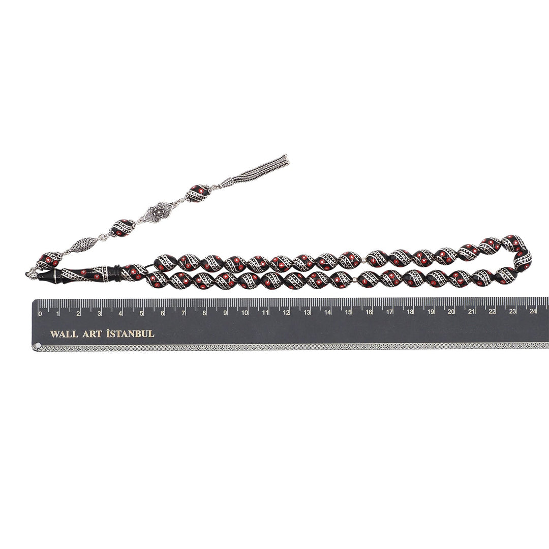 Mastercrafted Original Oltu Stone Tasbeeh with Coral &amp; Silver Inlay and Silver Tassel – WATD837