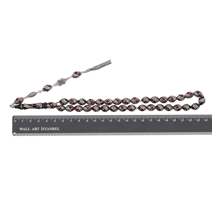 Mastercrafted Original Oltu Stone Tasbeeh with Coral &amp; Silver Inlay and Silver Tassel – WATD837