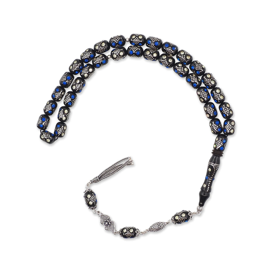 Mastercrafted Original Oltu Stone Tasbeeh with Turquoise &amp; Silver Inlay and Silver Tassel – WATD838