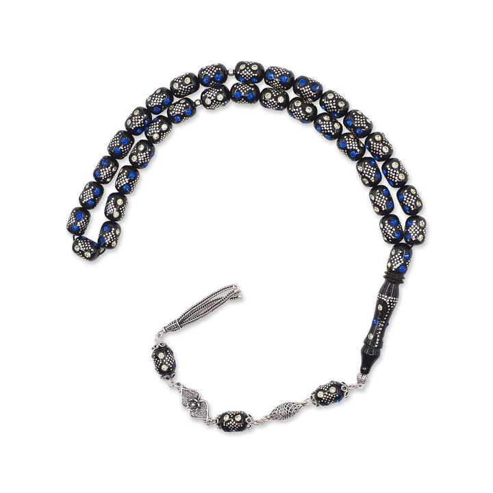 Mastercrafted Original Oltu Stone Tasbeeh with Turquoise &amp; Silver Inlay and Silver Tassel – WATD838