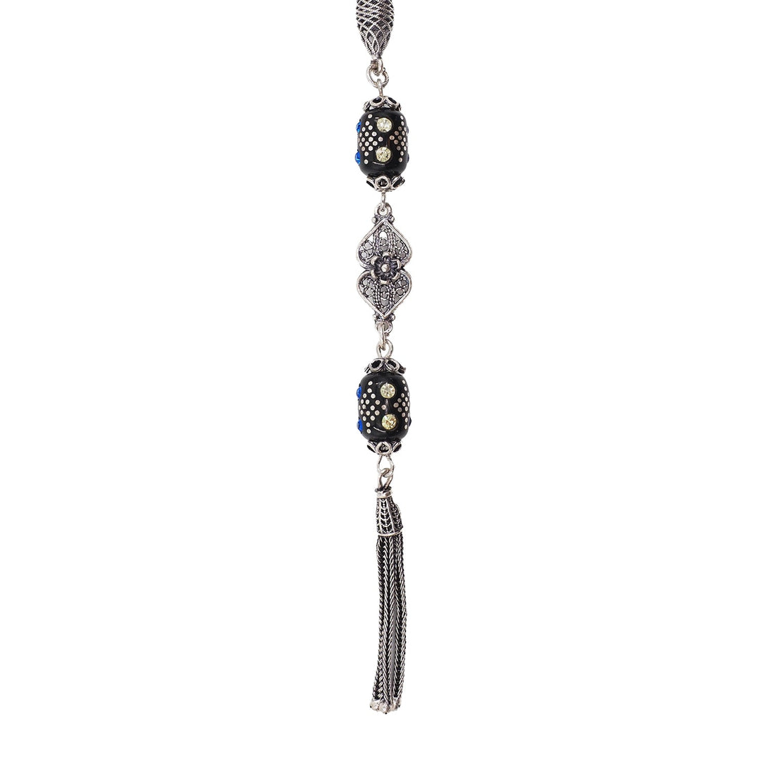 Mastercrafted Original Oltu Stone Tasbeeh with Turquoise &amp; Silver Inlay and Silver Tassel – WATD838