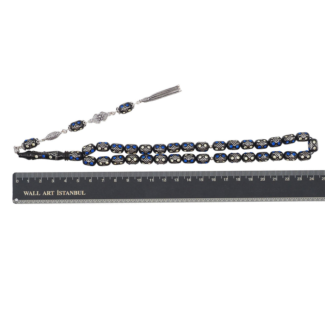 Mastercrafted Original Oltu Stone Tasbeeh with Turquoise &amp; Silver Inlay and Silver Tassel – WATD838