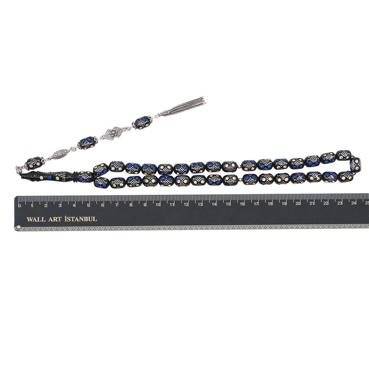 Mastercrafted Original Oltu Stone Tasbeeh with Turquoise &amp; Silver Inlay and Silver Tassel – WATD838