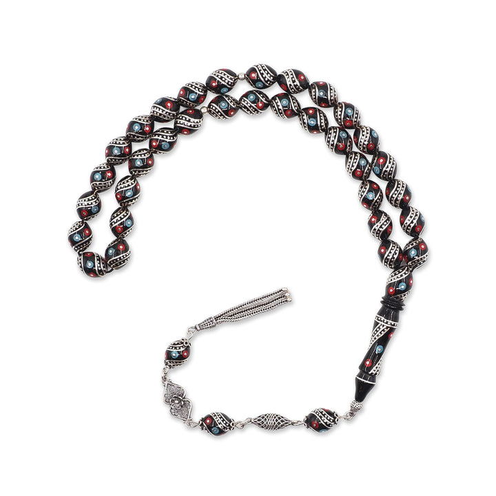 Mastercrafted Original Oltu Stone Tasbeeh with Coral, Turquoise &amp; Silver Inlay and Silver Tassel – WATD839