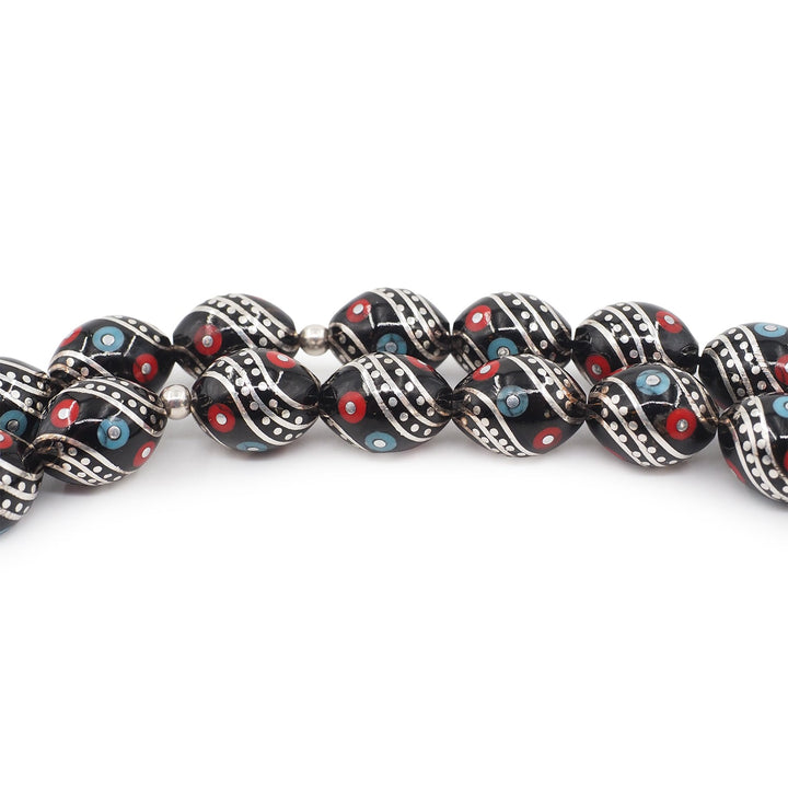Mastercrafted Original Oltu Stone Tasbeeh with Coral, Turquoise &amp; Silver Inlay and Silver Tassel – WATD839