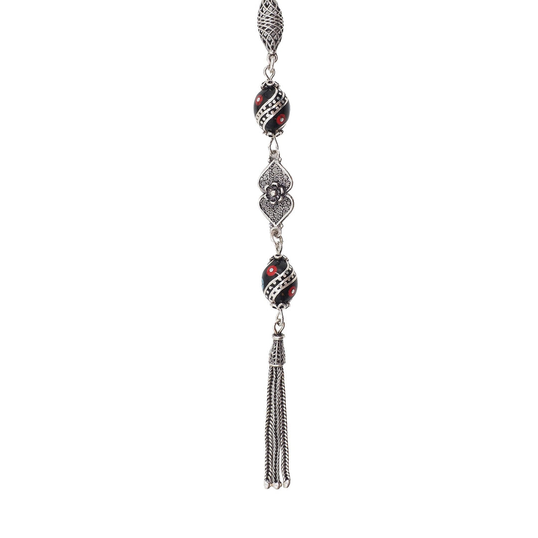 Mastercrafted Original Oltu Stone Tasbeeh with Coral, Turquoise &amp; Silver Inlay and Silver Tassel – WATD839