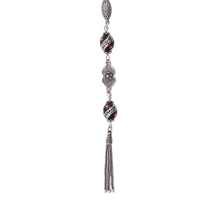 Mastercrafted Original Oltu Stone Tasbeeh with Coral, Turquoise &amp; Silver Inlay and Silver Tassel – WATD839