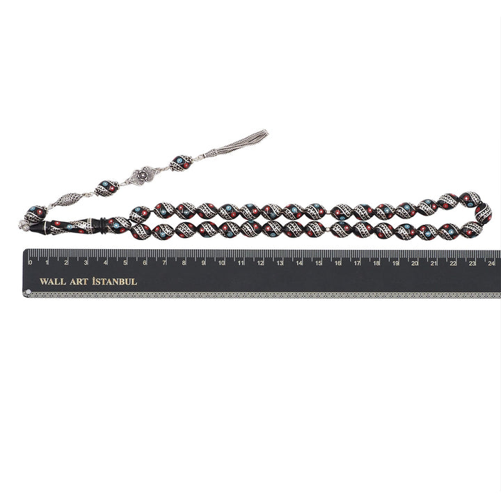 Mastercrafted Original Oltu Stone Tasbeeh with Coral, Turquoise &amp; Silver Inlay and Silver Tassel – WATD839