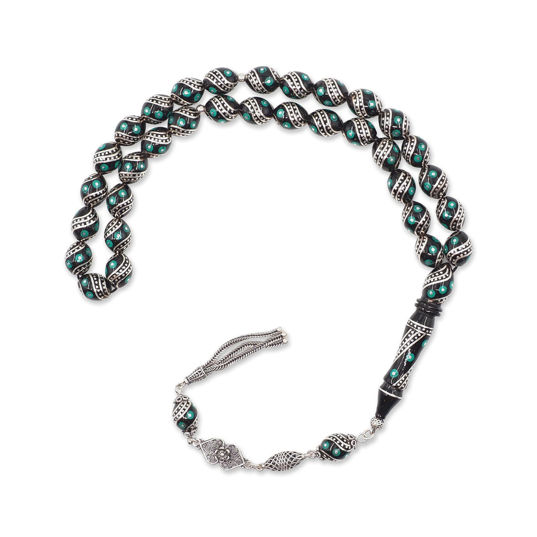 Mastercrafted Original Oltu Stone Tasbeeh with Turquoise &amp; Silver Inlay and Silver Tassel – WATD840