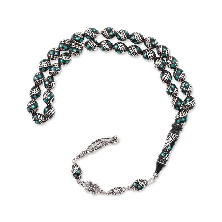 Mastercrafted Original Oltu Stone Tasbeeh with Turquoise &amp; Silver Inlay and Silver Tassel – WATD840