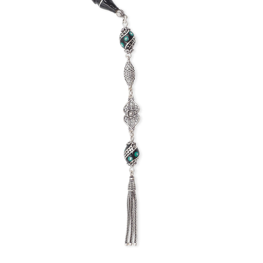 Mastercrafted Original Oltu Stone Tasbeeh with Turquoise &amp; Silver Inlay and Silver Tassel – WATD840