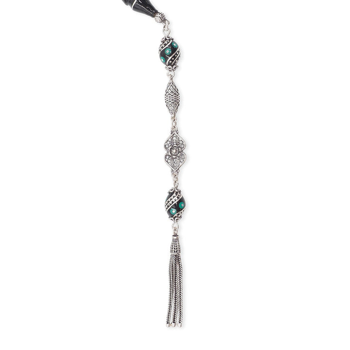 Mastercrafted Original Oltu Stone Tasbeeh with Turquoise &amp; Silver Inlay and Silver Tassel – WATD840