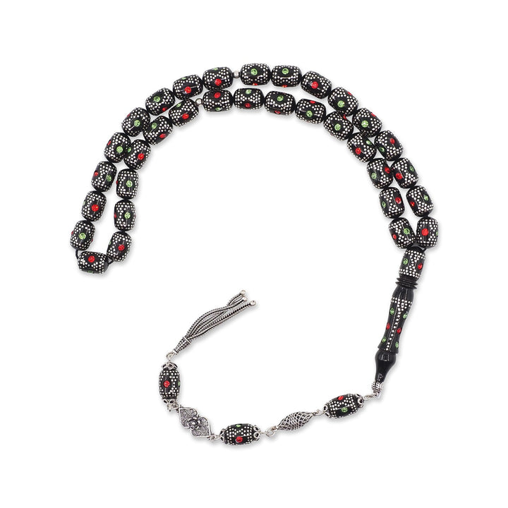 Mastercrafted Original Oltu Stone Tasbeeh with Coral, Turquoise &amp; Silver Inlay and Silver Tassel – WATD841