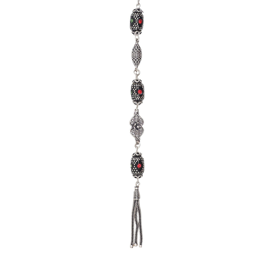 Mastercrafted Original Oltu Stone Tasbeeh with Coral, Turquoise &amp; Silver Inlay and Silver Tassel – WATD841
