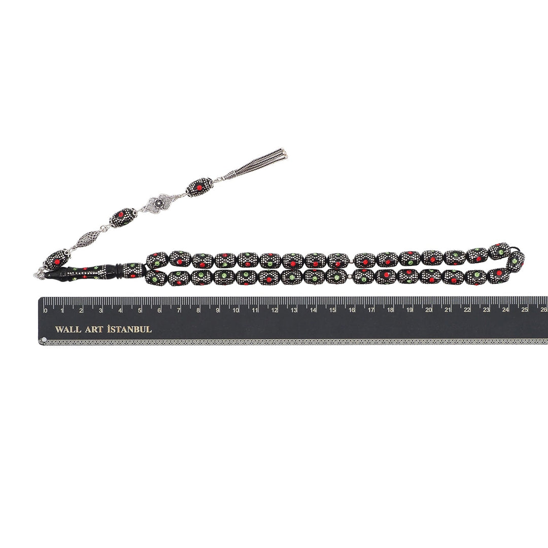 Mastercrafted Original Oltu Stone Tasbeeh with Coral, Turquoise &amp; Silver Inlay and Silver Tassel – WATD841