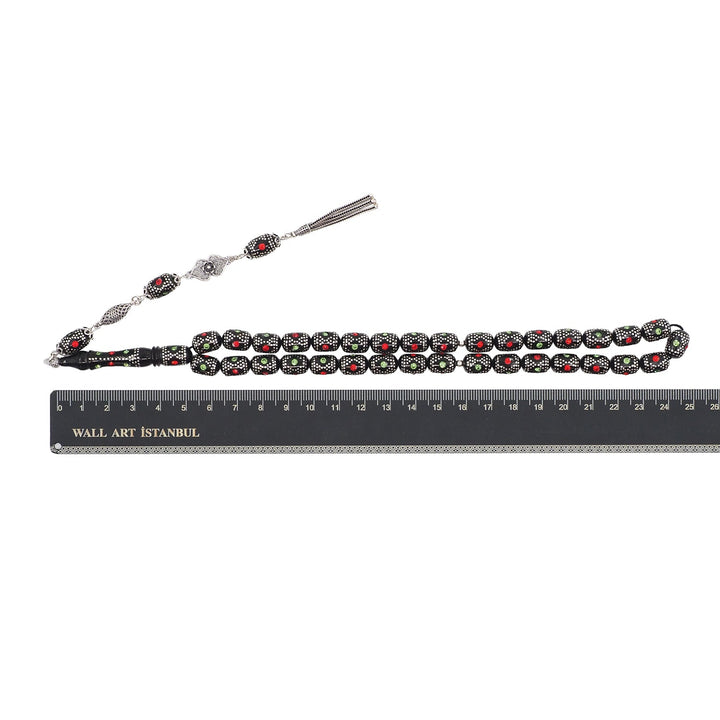 Mastercrafted Original Oltu Stone Tasbeeh with Coral, Turquoise &amp; Silver Inlay and Silver Tassel – WATD841