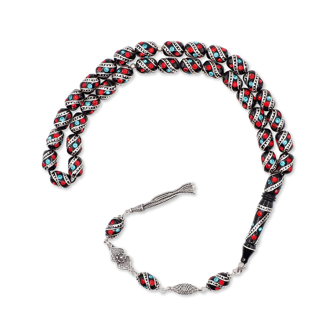 Mastercrafted Original Oltu Stone Tasbeeh with Coral, Turquoise &amp; Silver Inlay and Silver Tassel – WATD842