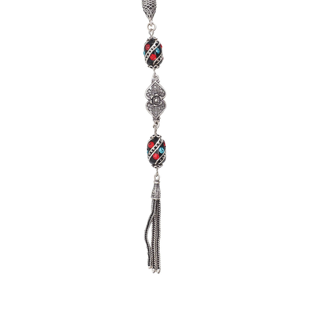 Mastercrafted Original Oltu Stone Tasbeeh with Coral, Turquoise &amp; Silver Inlay and Silver Tassel – WATD842