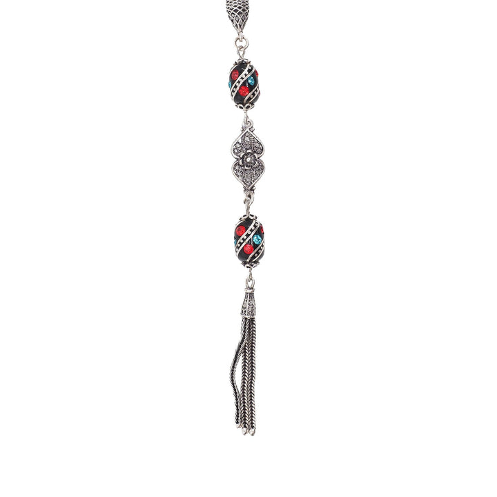 Mastercrafted Original Oltu Stone Tasbeeh with Coral, Turquoise &amp; Silver Inlay and Silver Tassel – WATD842