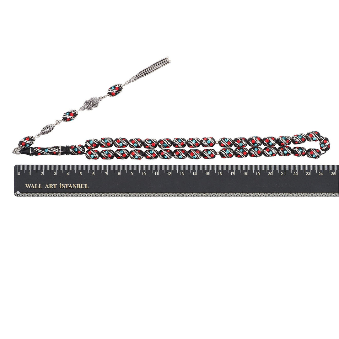 Mastercrafted Original Oltu Stone Tasbeeh with Coral, Turquoise &amp; Silver Inlay and Silver Tassel – WATD842