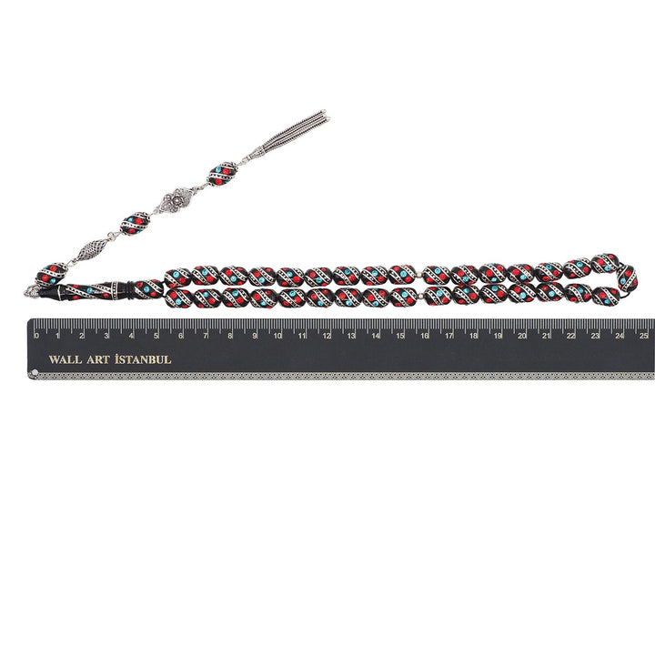 Mastercrafted Original Oltu Stone Tasbeeh with Coral, Turquoise &amp; Silver Inlay and Silver Tassel – WATD842