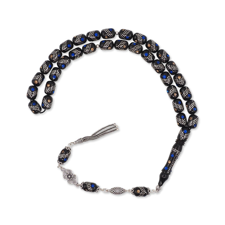 Mastercrafted Original Oltu Stone Tasbeeh with Turquoise &amp; Silver Inlay and Silver Tassel – WATD843