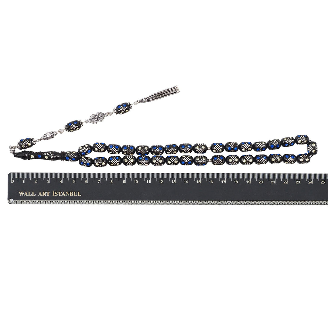 Mastercrafted Original Oltu Stone Tasbeeh with Turquoise &amp; Silver Inlay and Silver Tassel – WATD843