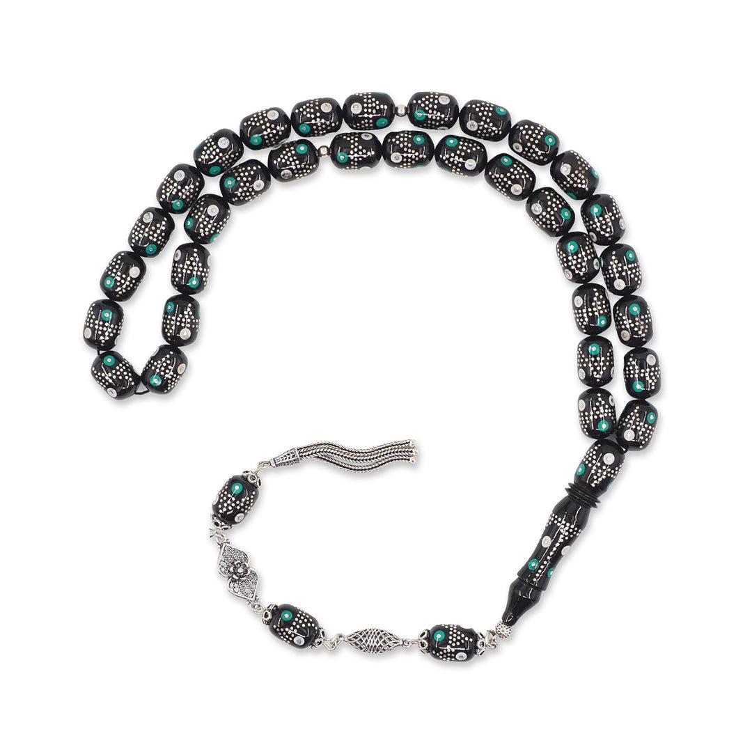 Mastercrafted Original Oltu Stone Tasbeeh with Turquoise Inlay and Silver Tassel – WATD844