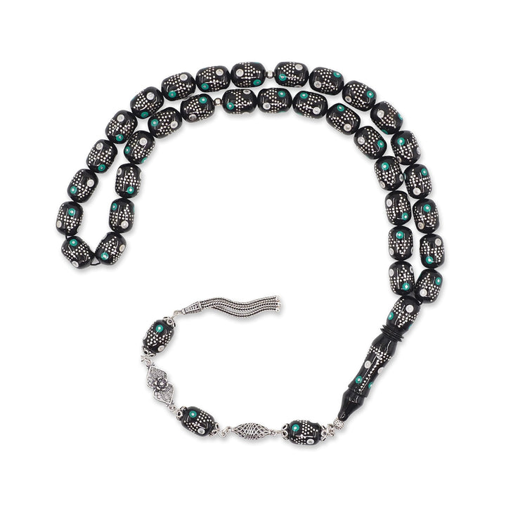 Mastercrafted Original Oltu Stone Tasbeeh with Turquoise Inlay and Silver Tassel – WATD844