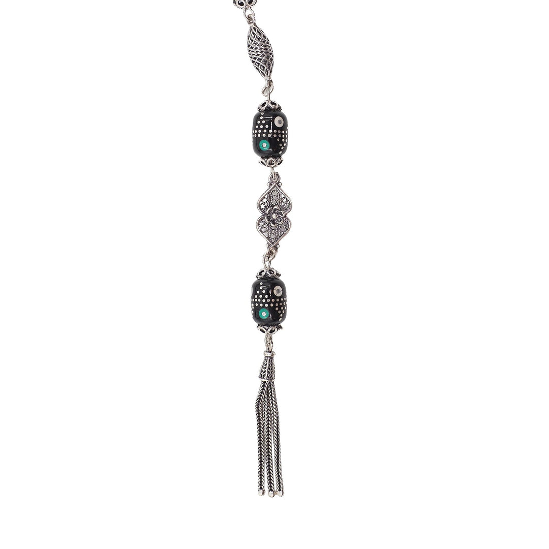Mastercrafted Original Oltu Stone Tasbeeh with Turquoise Inlay and Silver Tassel – WATD844