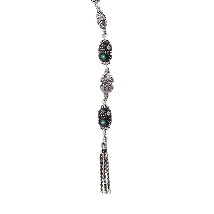 Mastercrafted Original Oltu Stone Tasbeeh with Turquoise Inlay and Silver Tassel – WATD844